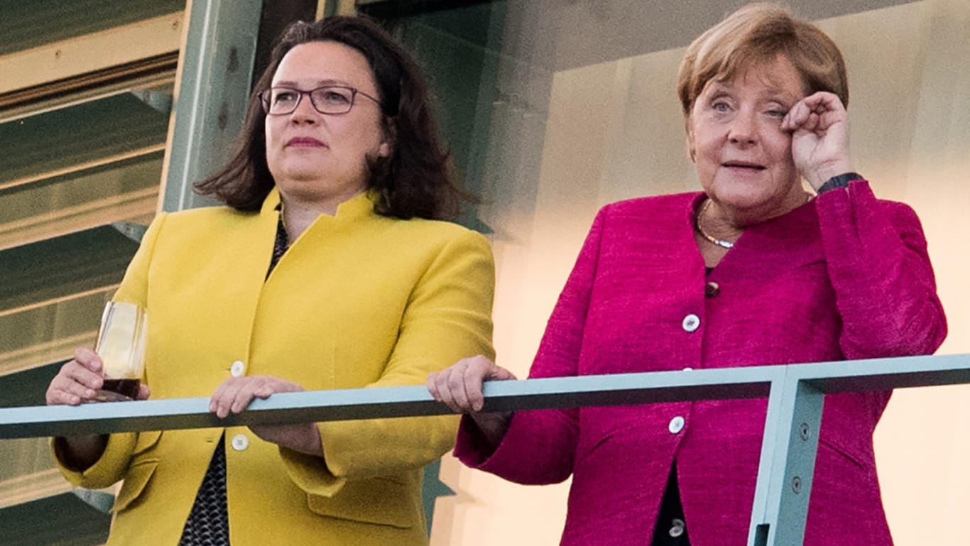 Andrea Nahles und Bundeskanzlerin Angela Merkel (CDU). Die SPD-Partei- und Fraktionschefin Nahles tritt zurück.