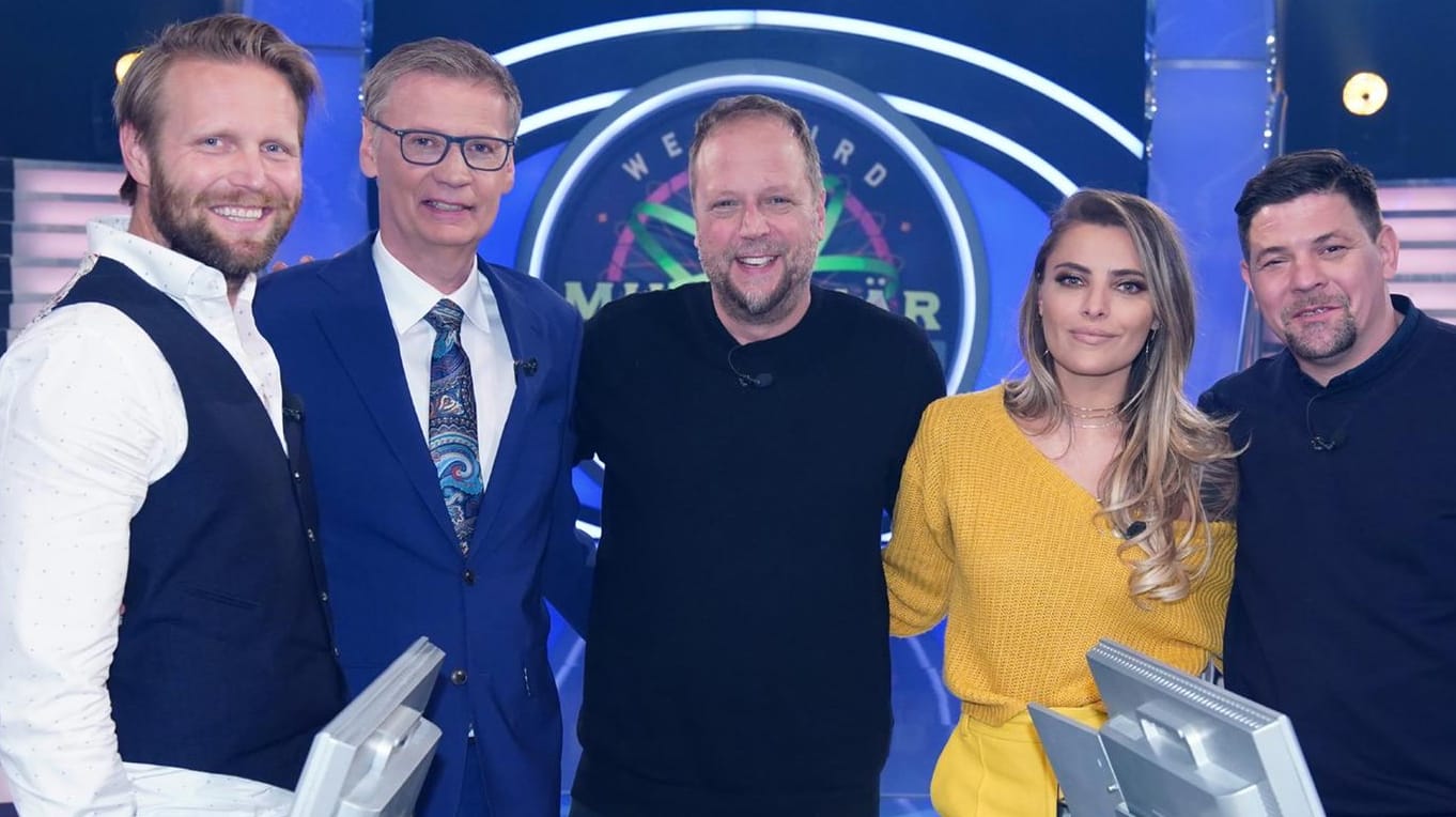 Günther Jauch mit seinen Promi-Gästen: Julius Brink, Smudo, Sophia Thomalla und Tim Mälzer.