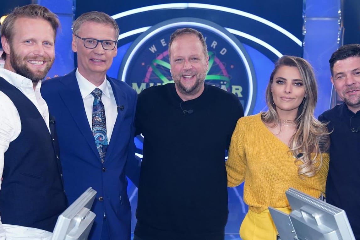 Günther Jauch mit seinen Promi-Gästen: Julius Brink, Smudo, Sophia Thomalla und Tim Mälzer.