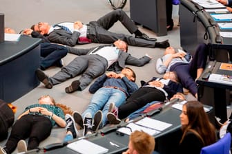Bundestag: Klimaaktivisten stellten sich leblos.