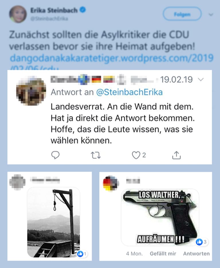 "An die Wand mit dem", Galgen, Walther PPK: Diese Reaktionen auf Postings von Erika Steinbach zu Walter Lübcke aus dem Februar fanden sich auch im Juni noch unkommentiert bei Facebook und Twitter. Die Anonymisierung hat t-online.de vorgenommen.