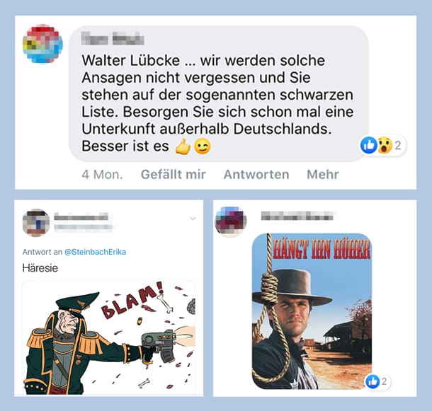 Reaktionen aufs Steinbach-Posting zu Walter Lübcke: Das Bild links unten wurde am Dienstag der Polizei gemeldet. Kommentar des Nutzers: "Das Denunziuantum hat im Internet neue Höhen erreicht". Es handele sich doch nur um ein Meme.