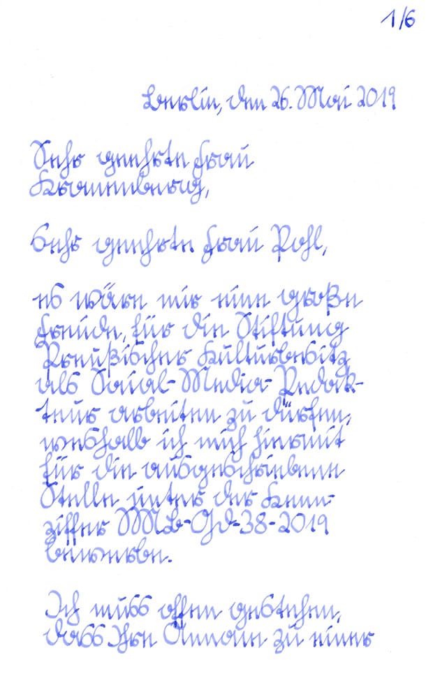 Die erste Seite: Handgeschrieben brauchte Sebastian Pertsch sechs Seiten für das Anschreiben, am Rechner passte es auf eine.