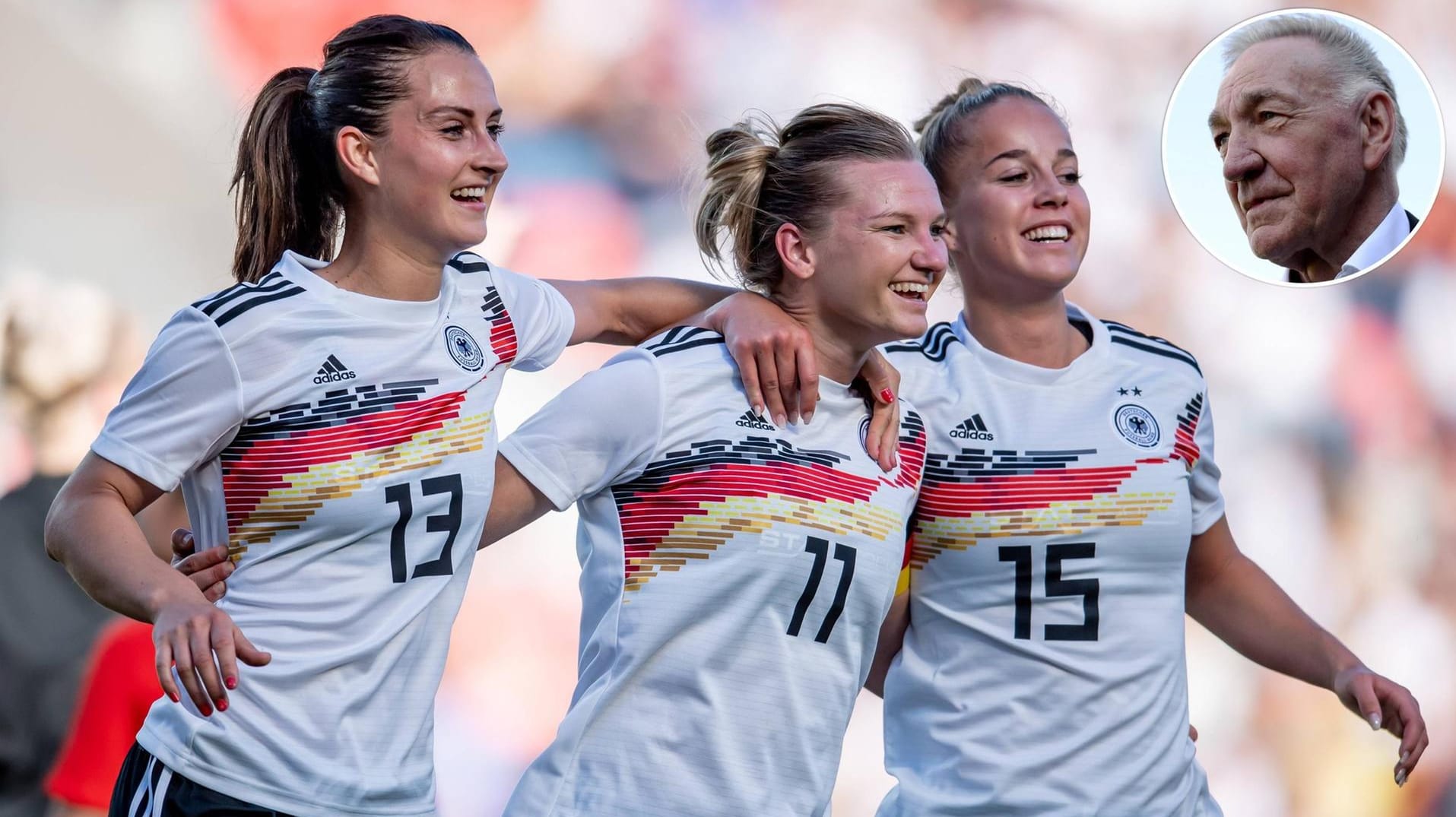 Sara Däbritz, Alexandra Popp und Giulia Gwinn jubeln. Trainer-Ikone Bernd Schröder sieht gute Titelchancen für das DFB-Team.