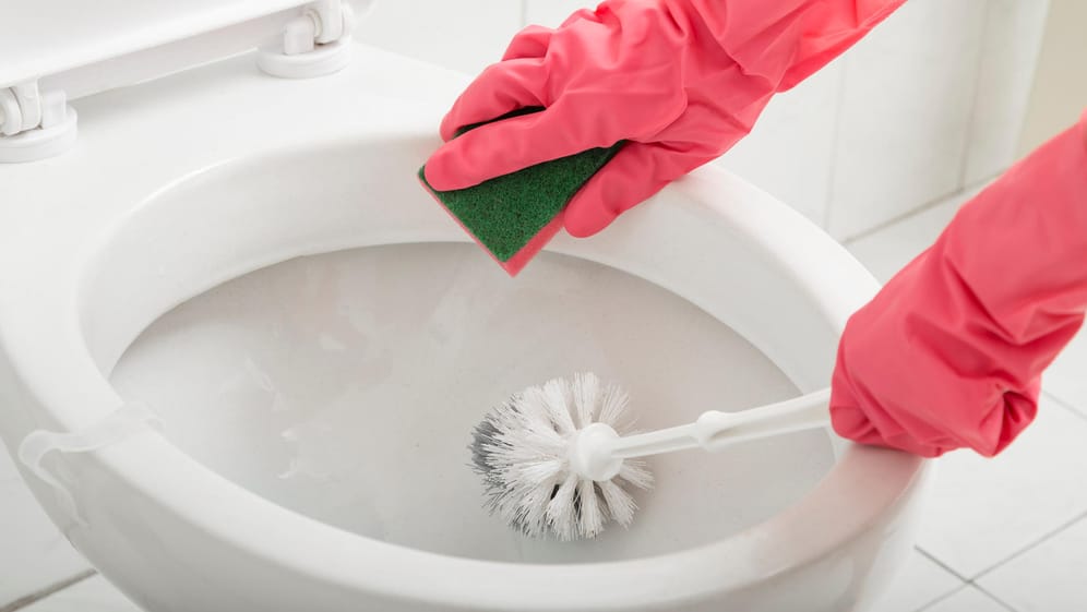 Toilette wird geputzt: Die Reinigung der Toilette mit Desinfektionsmitteln oder anti-bakteriellen Reinigungsmitteln ist nicht sinnvoll.