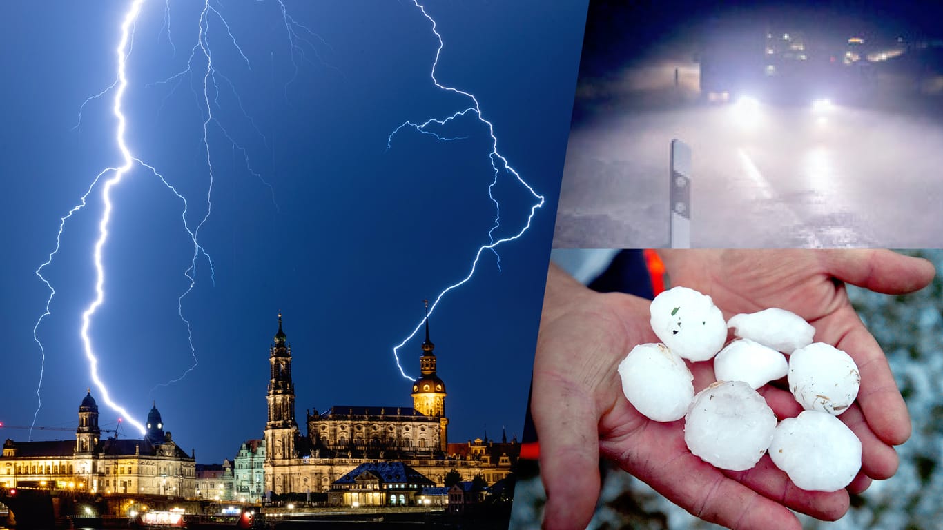 Die Bildkombination zeigt Blitze, eine überschwemmte Straße und Hagelkörner in Bayern.
