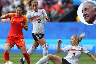 Szene aus dem ersten Gruppenspiel: Chinas Gu Yasha (li.) vor den deutschen Kathrin Hendrich und Melanie Leupolz.