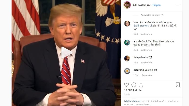 Screenshot eines gefälschten Trump-Videos auf Instagram: Künstler demonstrieren, was mit moderner Software möglich ist.