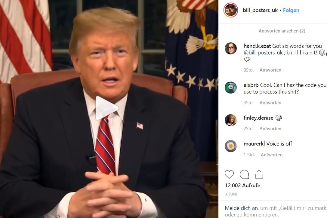 Screenshot eines gefälschten Trump-Videos auf Instagram: Künstler demonstrieren, was mit moderner Software möglich ist.