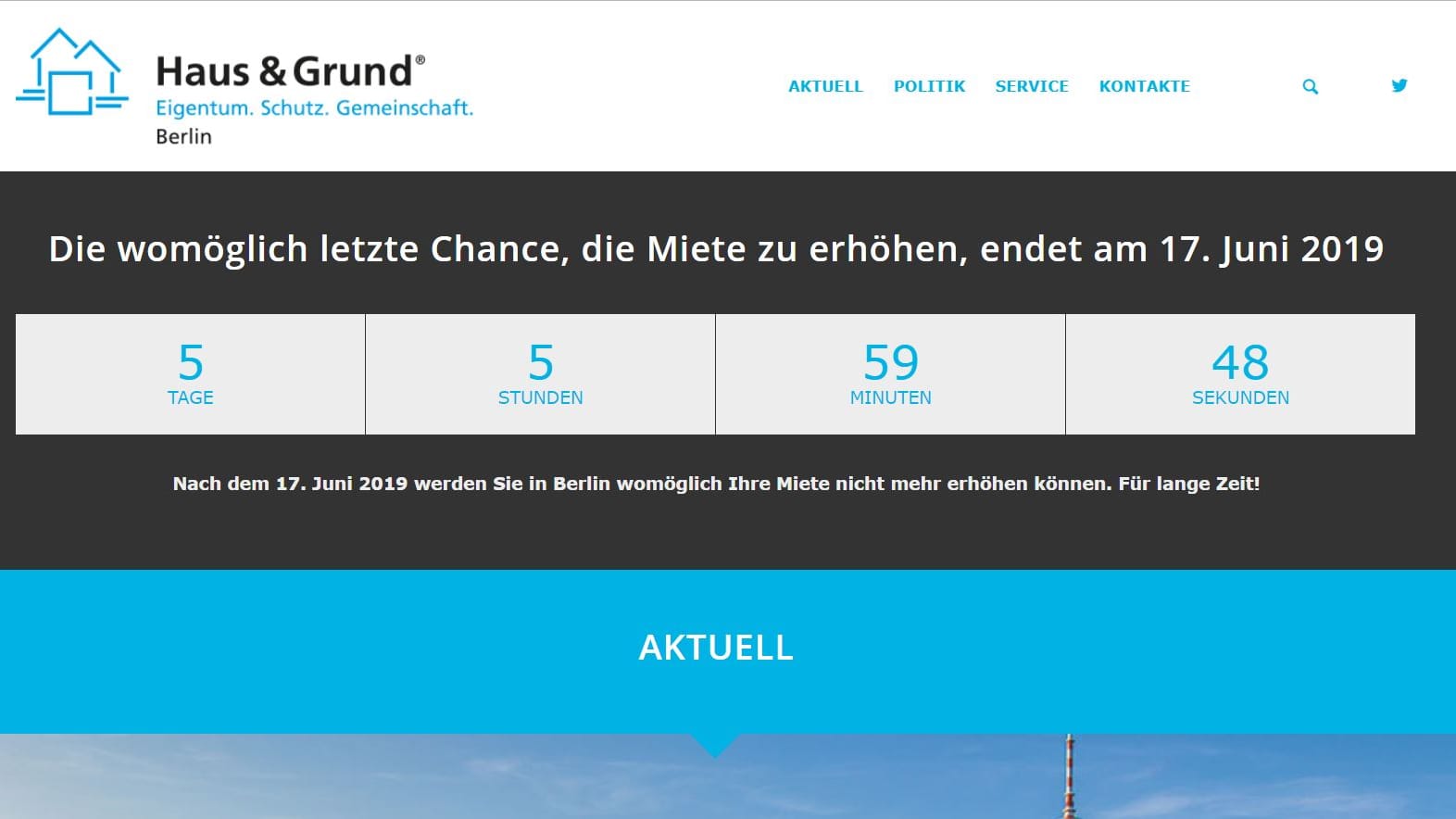 Auf der Homepage des Eigentümerverbands "Haus & Grund" läuft ein Countdown für Mieterhöhungen.