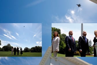 Die Bildcollage zeigt, wie ein F-35-Kampfjet beim Empfang des polnischen Präsidenten Duda über das Weiße Haus flog.