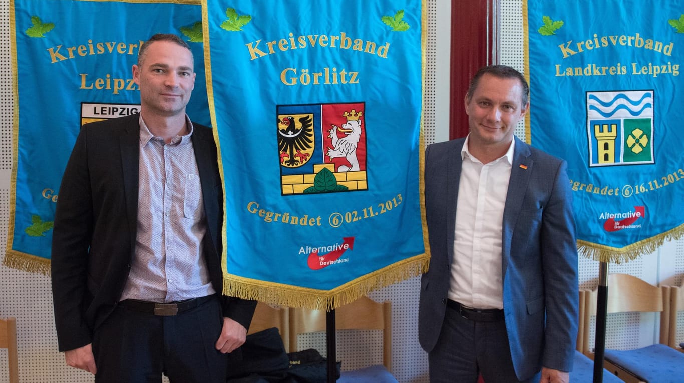 Sebastian Wippel (l.), und Tino Chrupalla: Der AfD-Politiker Wippel hat Aussichten, die Oberbürgermeisterwahl in Görlitz zu gewinnen.