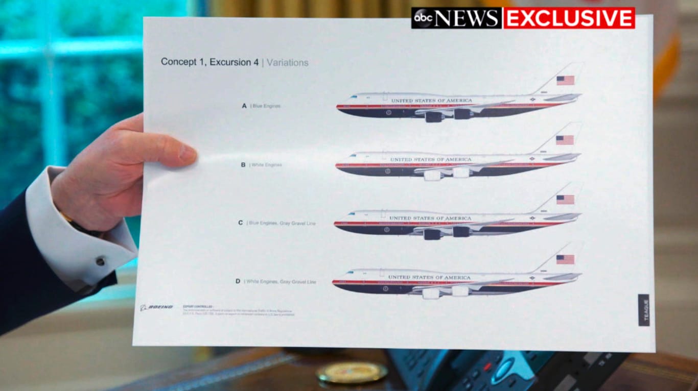 Donald Trump hält mögliche neue Designs der "Air Force One" in die Kamera.
