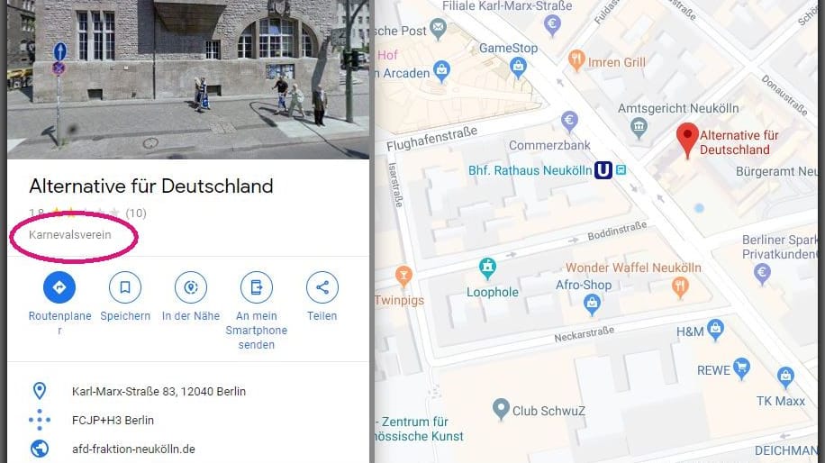 Google Maps: Am 17. Juni sah der Eintrag der AfD-Fraktion so aus.