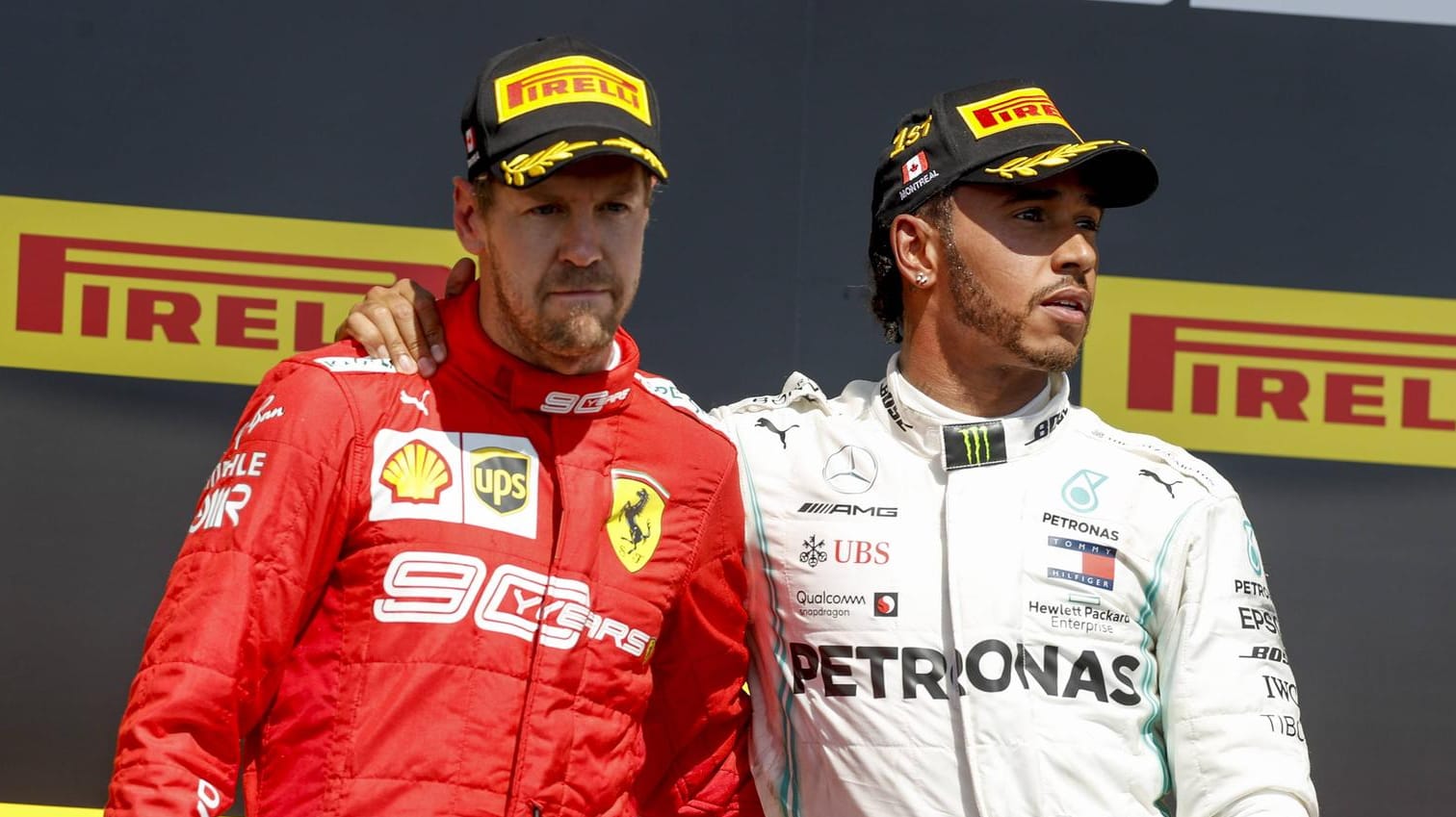 Nach seinem zweiten Platz in Montreal war Sebastian Vettel (links) mächtig angefressen, als er Lewis Hamilton zum Sieg gratulieren musste.