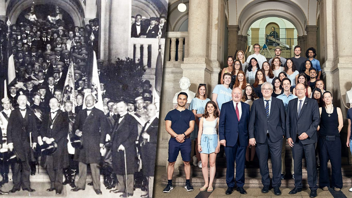 Nachstellung eines historischen Bildes: Konrad Adenauer ist im linken Bild der zweite von links. Konrad Adenauer jr. im rechten Bild der dritte von links.