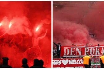 Roter Rauch in den Fan-Kurven: Sowohl Fans von Bayern (l.) als auch Anhänger von RB zündeten beim DFB-Pokalfinale Pyrotechnik.