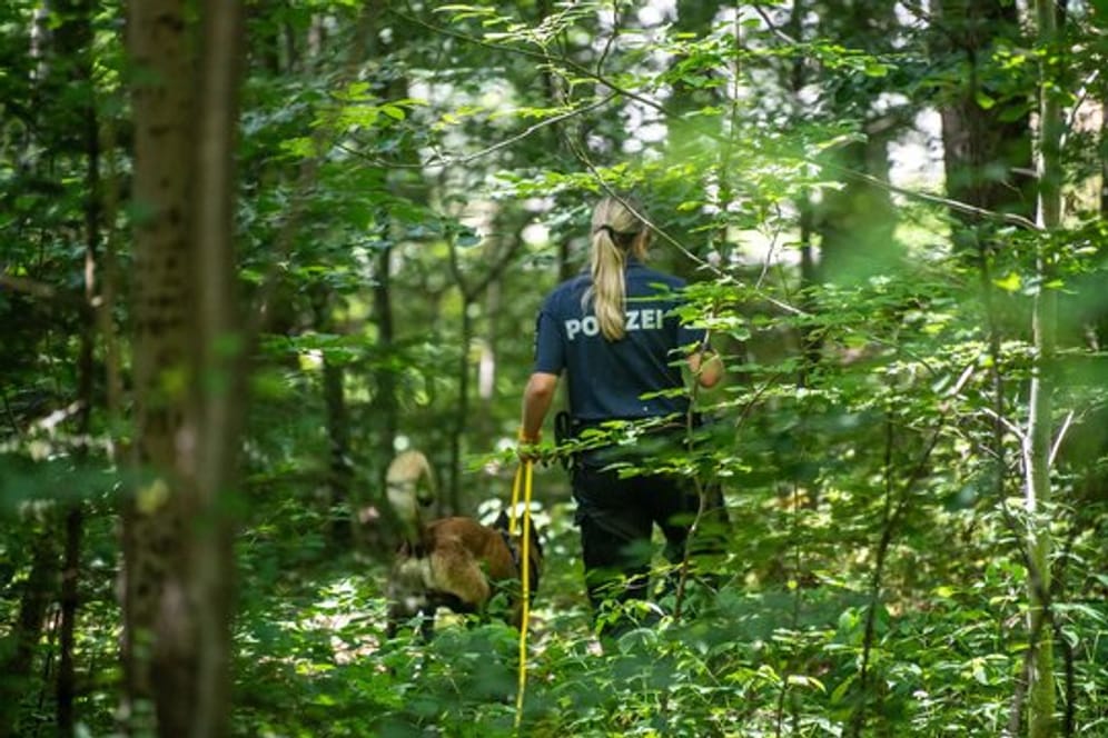 Eine Polizistin sucht mithilfe eines Suchhundes in einem Waldstück nach Hinweisen.