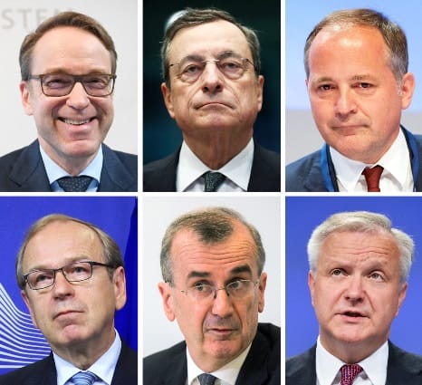 Das Bild zeigt im Uhrzeigersinn (l-r) Jens Weidmann, Präsident der deutschen Bundesbank, Mario Draghi, Präsident der Europäischen Zentralbank (EZB), Benoît Coeuré, Direktoriumsmitglied der EZB, Olli Rehn, Präsident der finnischen Notenbank, François Villeroy de Galhau, Gouverneur der französischen Zentralbank, und Erkki Antero Liikanen, ehemaliger Präsident der finnischen Notenbank.