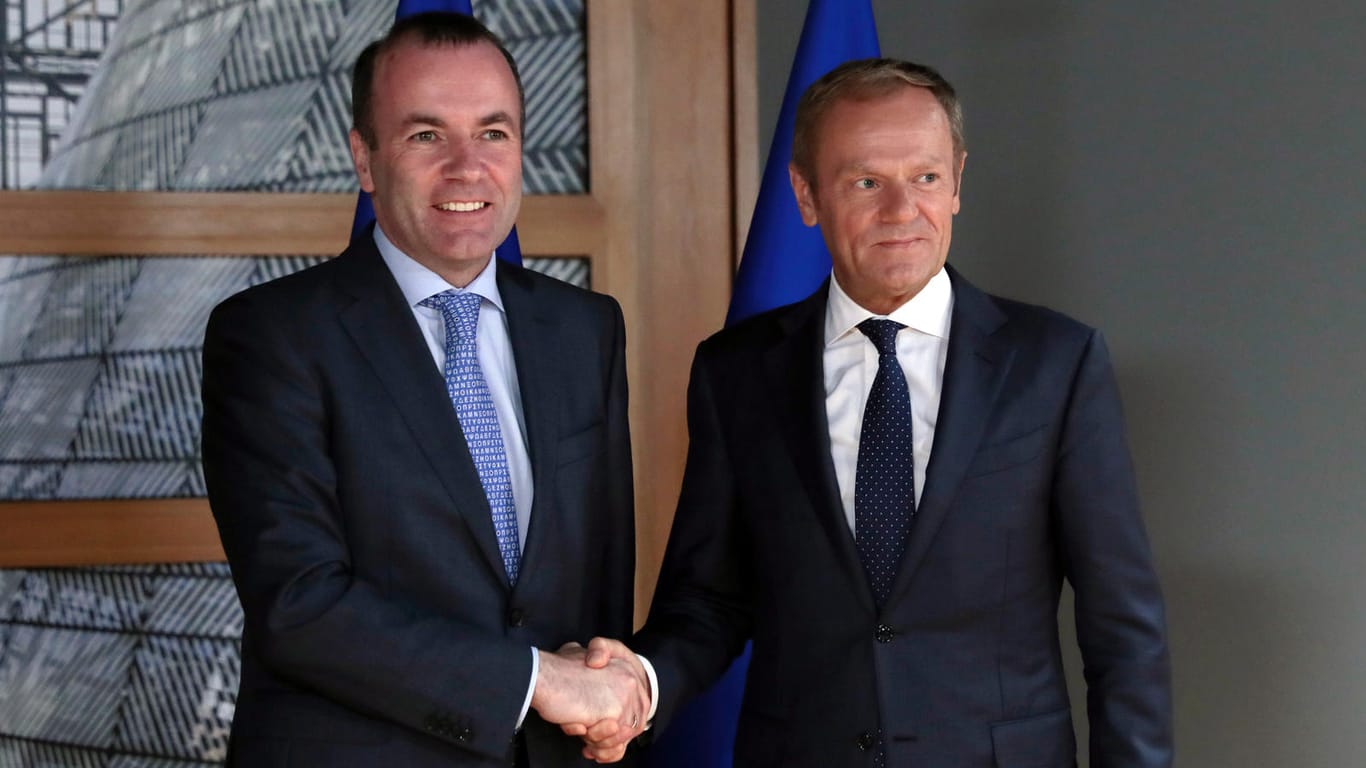 Brüssel: Donald Tusk (re.), Präsident des Europäischen Rates, reicht Manfred Weber, Vorsitzender der Europäischen Volkspartei im Europäischen Parlament, die Hand. Weber wird wohl nicht neuer EU-Kommissionspräsident werden.