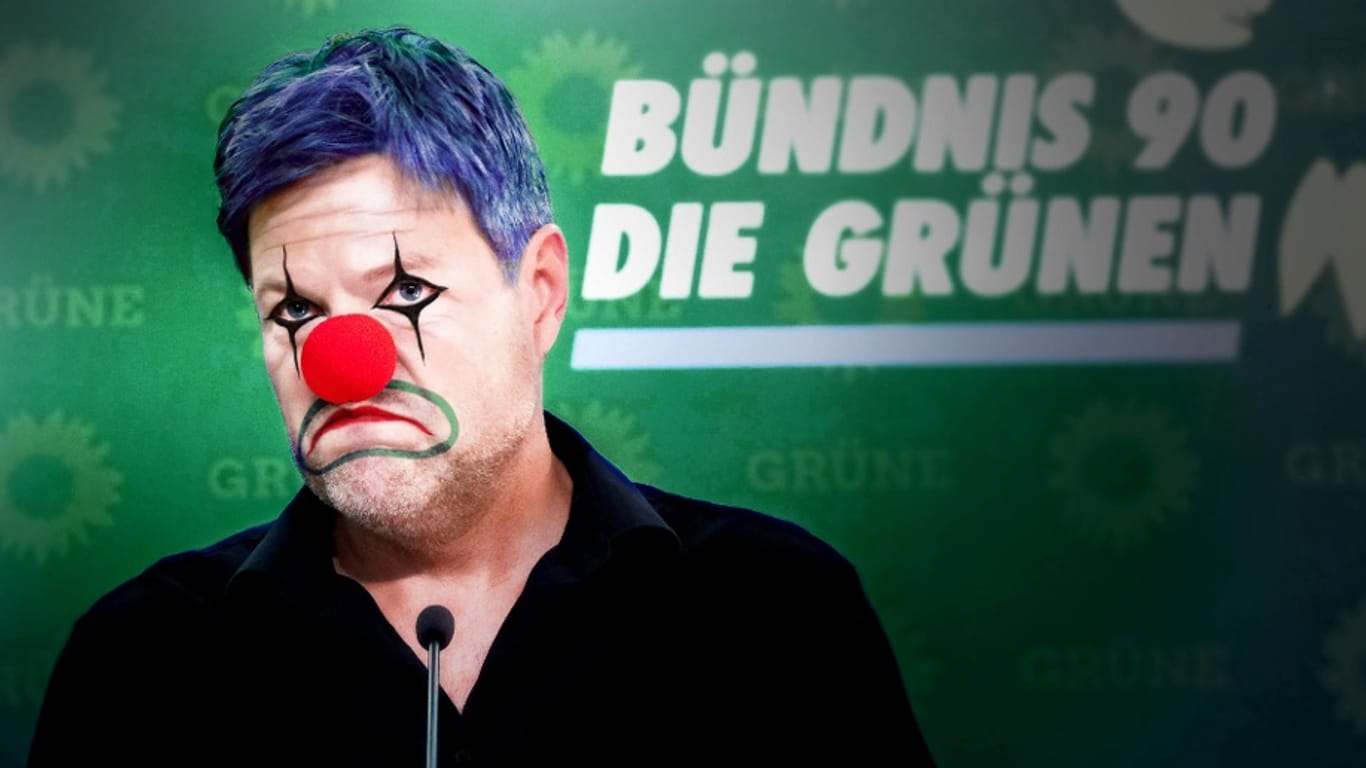 Grünen-Chef Robert Habeck in einer Fotomontage. Zwischen vielen Unernsten fällt er durch Ernsthaftigkeit auf.