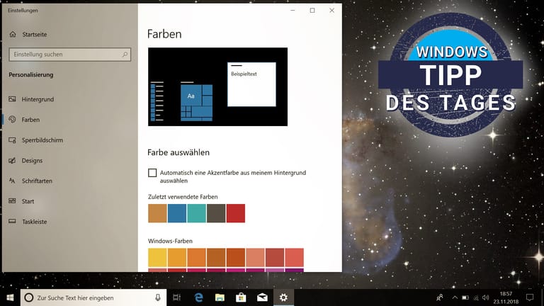 Ein Screenshot von Windows 10: Hintergründe und Farben lassen sich individuell einstellen.