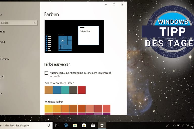 Ein Screenshot von Windows 10: Hintergründe und Farben lassen sich individuell einstellen.