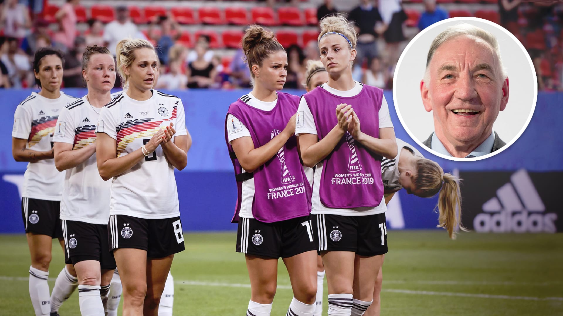 Bernd Schröder (rechts oben) kommentiert das Ausscheiden des deutschen Teams bei der WM in Frankreich.