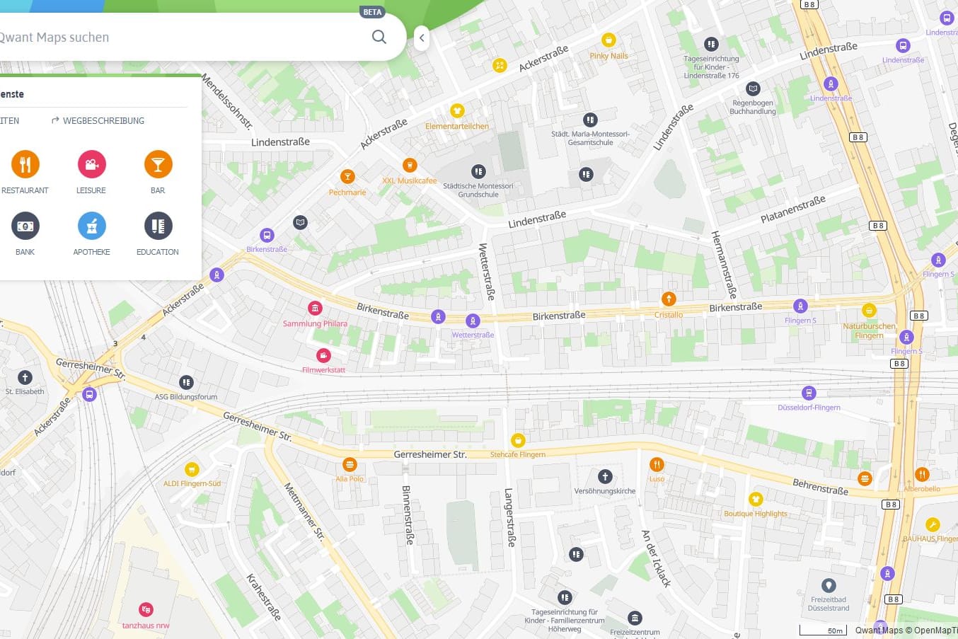 Screenshot von Qwant Maps: Qwant Maps basiert auf Daten des freien Open-Street-Map-Projektes.