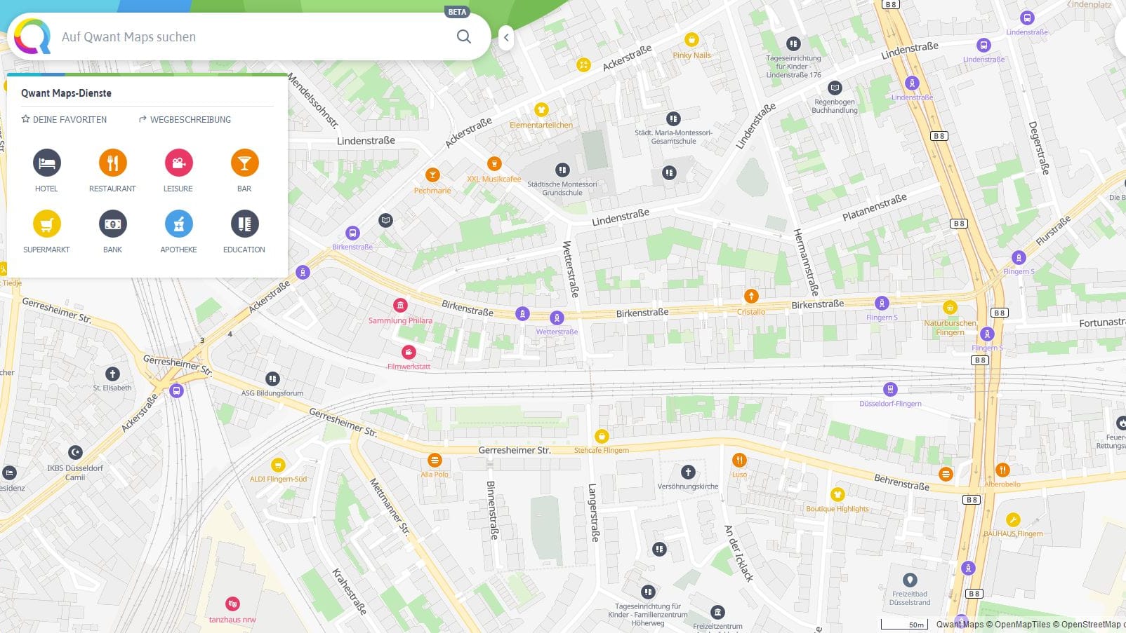 Screenshot von Qwant Maps: Qwant Maps basiert auf Daten des freien Open-Street-Map-Projektes.