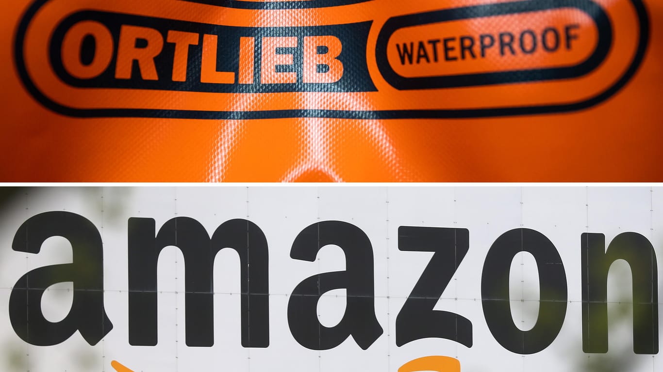 Die Bildkombo zeigt das Logo des Rucksack-Herstellers Ortlieb und des Online-Händlers Amazon: Der Bundesgerichtshof prüft einen Markenrechtsstreit zwischen dem Internet-Versandhändler und dem Sportartikelhersteller.