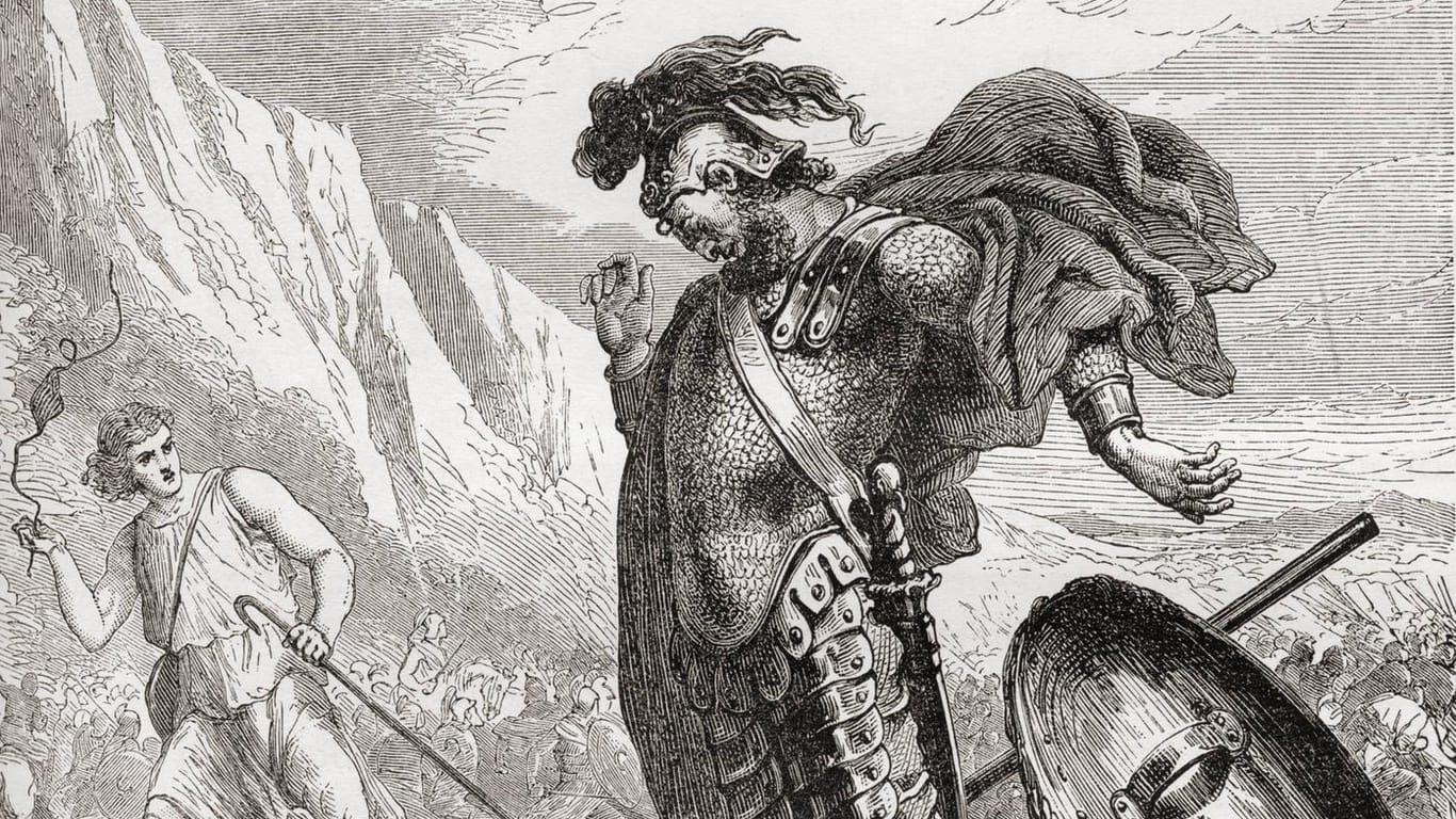 Zeichnung von David im Kampf gegen Goliath: Der Riese Goliath ist wohl der bekannteste Vertreter der Philister.