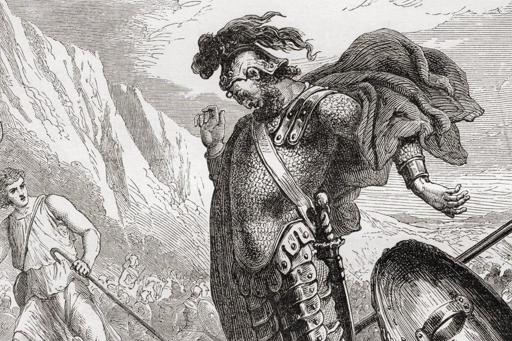 Zeichnung von David im Kampf gegen Goliath: Der Riese Goliath ist wohl der bekannteste Vertreter der Philister.