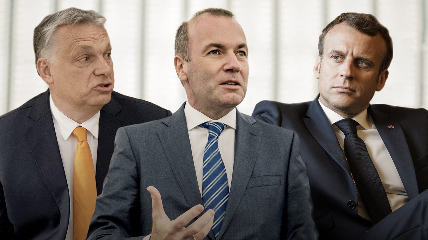 Manfred Weber (CSU, M.) teilt aus: Er wirft Macron (r.) vor, mit Orban (l.) paktiert zu haben.