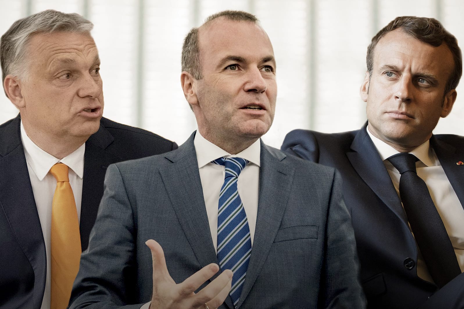 Manfred Weber (CSU, M.) teilt aus: Er wirft Macron (r.) vor, mit Orban (l.) paktiert zu haben.