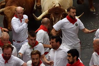 Männer rennen vor den Stieren her – fünf der Teilnehmer sind verletzt worden.