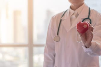 Ein Kardiologe hält ein Plastikherz in der Hand: Die Diagnose familiäre Hypercholesterinämie wird häufig erst nach einem Herzinfarkt in jungen Jahren oder bei gehäuften Herzinfarkten innerhalb der Familie gestellt.