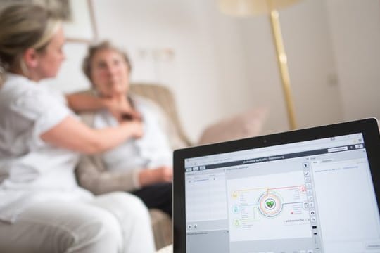 Eine Pflegerin legt einer Bewohnerin im Rahmen einer elektronischen Visite ein EKG-Gerät an, dass die Daten an einen Tablet-Computer und von dort aus zum Arzt überträgt.