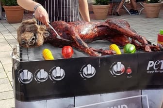 Die Hundeattrappe auf dem Grill: Peta fordert von Passanten eine vegane Lebensweise. (Archivbild)