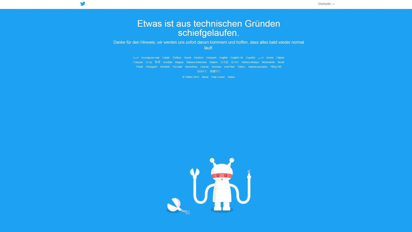Der Kurznachrichtendienst Twitter ist aktuell wegen einer Störung nicht aufrufbar. Der Kurznachrichtendienst Twitter ist aktuell wegen einer Störung nicht aufrufbar.