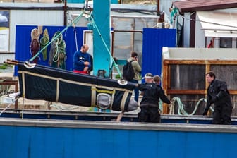 Arbeiter bewegen einen Wal mit einem Kran in der Srednyaya Bay (Archivbild): Die ersten der knapp 100 gefangen gehaltenen Wale wurden Ende Juni freigelassen.