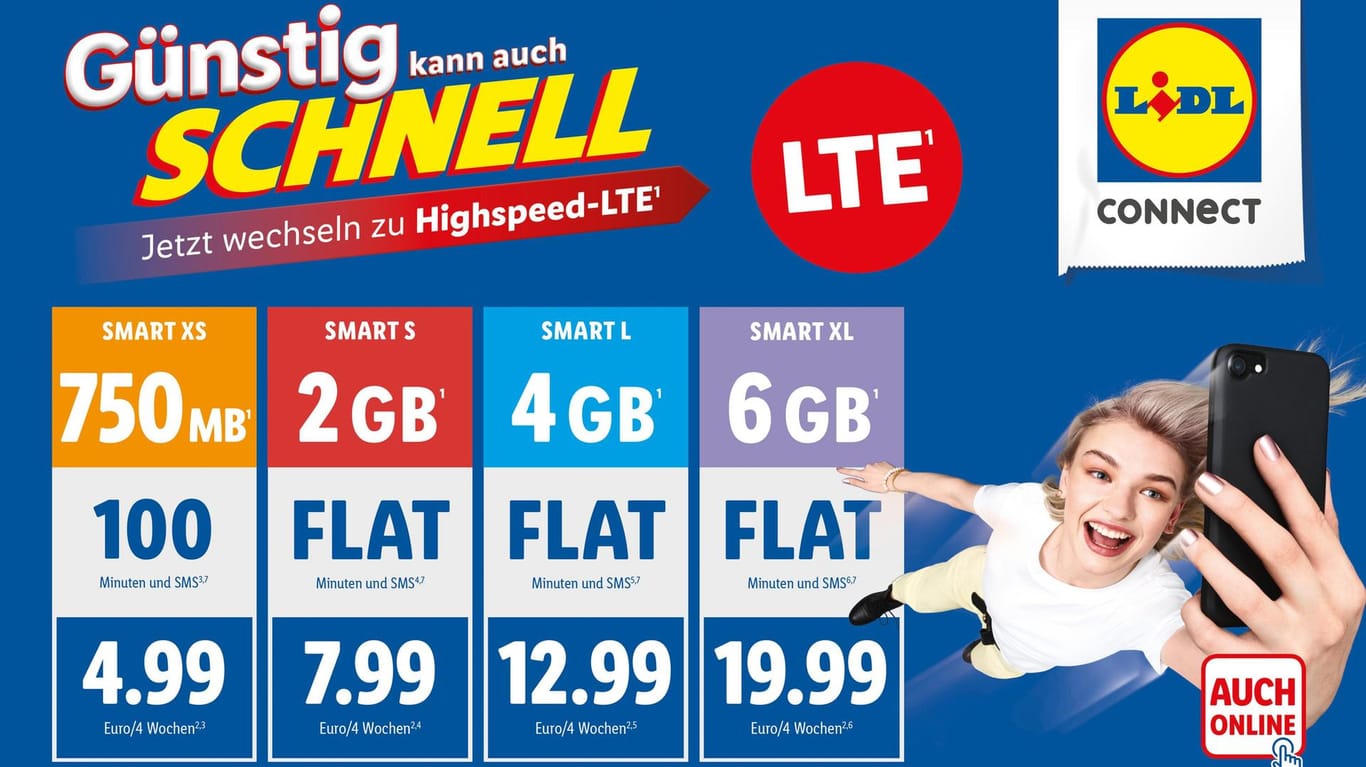 Das Bild zeigt Werbung für den neuen LTE-Tarif von Lidl: Die Kunden surfen ab sofort im 4G-Netz.