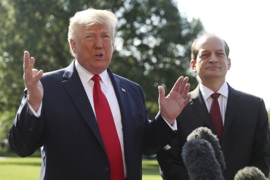 Donald Trump (l) hat den Rücktritt von Alex Acosta (r) in dessen Beisein bekanntgegeben.