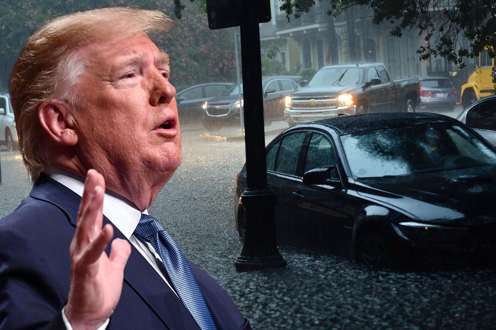 Donald Trump vor einer überfluteten Straße: Auf Twitter warnte der US-Präsident die Bevölkerung eindringlich vor dem Wirbelsturm. (Bildmontage)