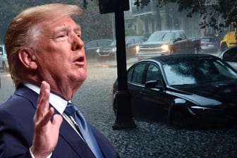 Donald Trump vor einer überfluteten Straße: Auf Twitter warnte der US-Präsident die Bevölkerung eindringlich vor dem Wirbelsturm. (Bildmontage)
