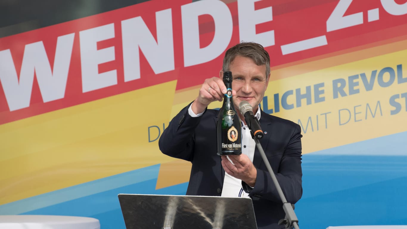 Provozierende Geste: Björn Höcke mit einer Sektflasche, die er dem Verfassungschutz mitgebracht haben will. Der von Höcke gegründete "Flügel" in der AfD wird vom Verfassungsschutz als Verdachtsfall im Bereich Rechtsextremismus eingestuft.