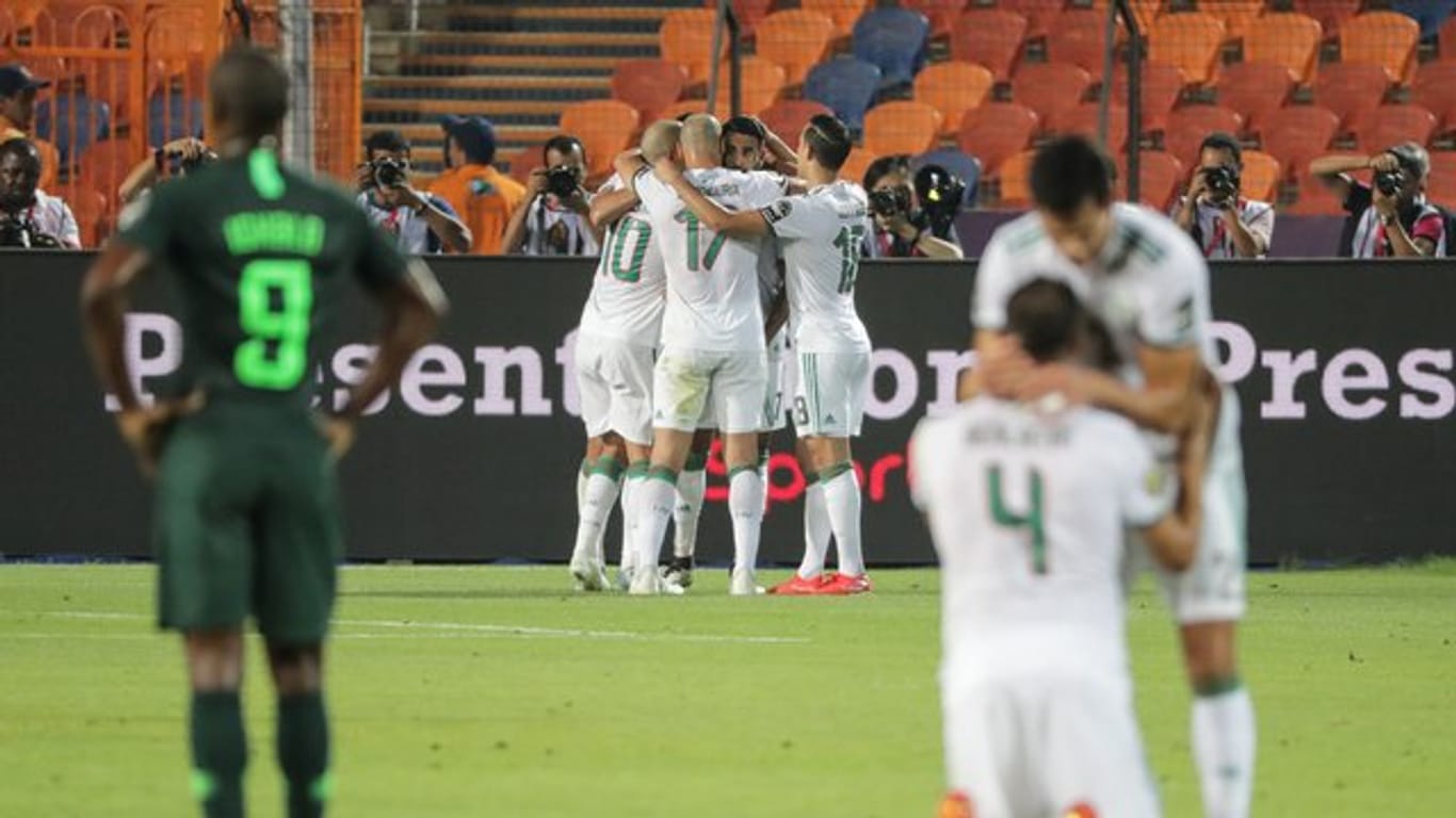 Algeriens Spieler bejubeln das 1:0 ihrer Mannschaft.