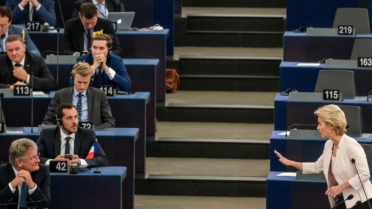 Ursula von der Leyen spricht bei ihrer Bewerbungsrede vor den Abgeordneten des Europaparlaments zu Jörg Meuthen.