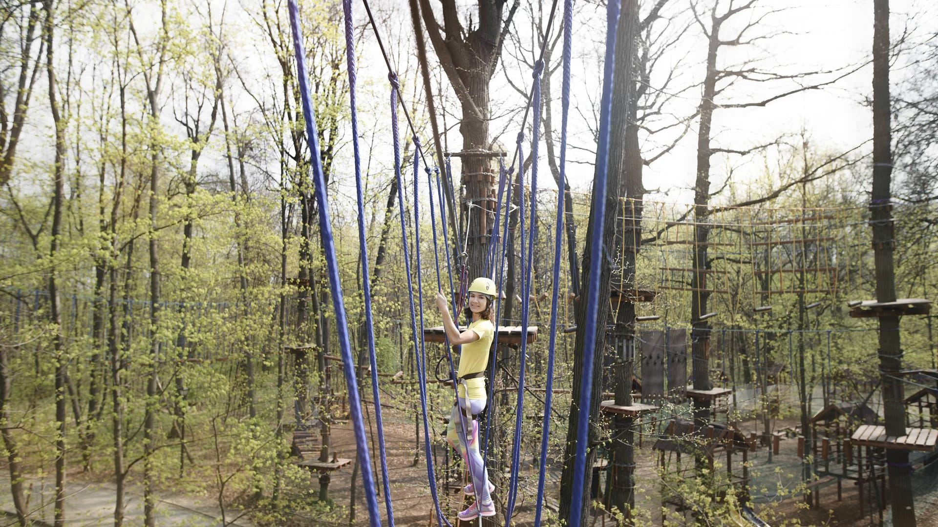 Junge Frau im Hochseilgarten: Der Naturhochseilgarten in Wuppertal ist bei Jung und Alt sehr beliebt.