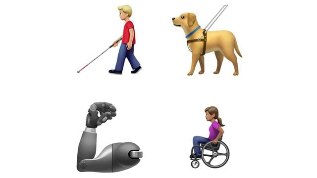 Blindenhund, Prothese, Rollstuhlfahrerin: Die Messenger-Kommunikation soll inklusiver werden, wie etwa die neuen, ab Herbst verfügbaren Apple-Emojis zeigen.
